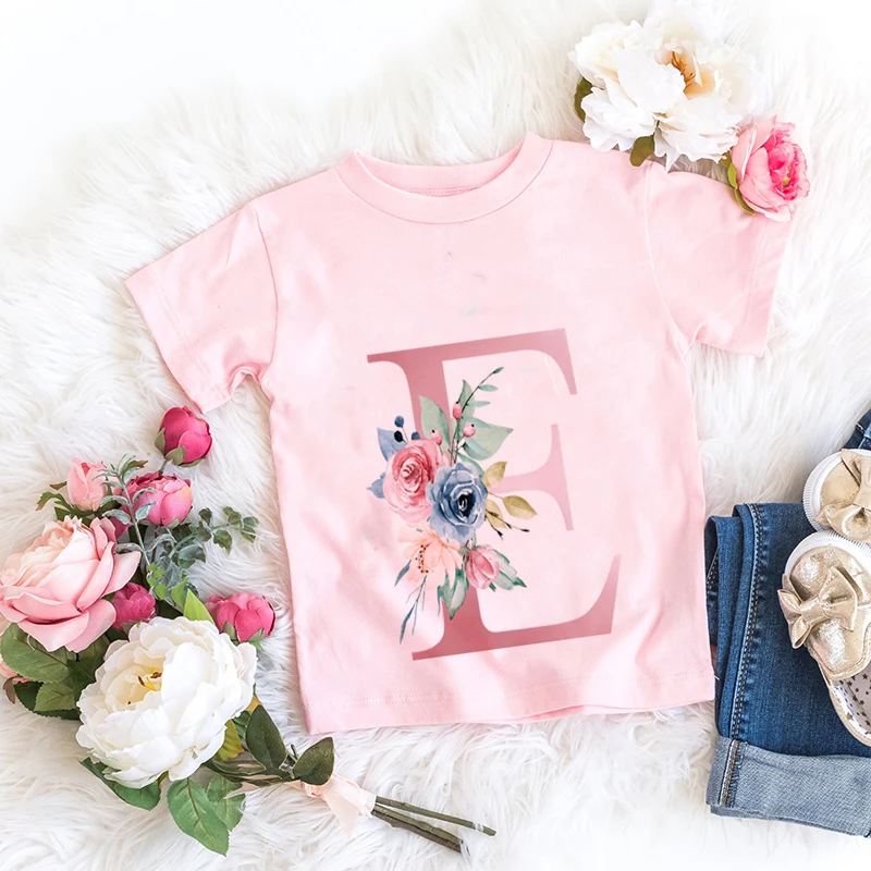 Pink New Flower Letter A B C D Children T-shirt Kawaii T Shirt Anime Cartoons Casual Clothes Kid Girl Boy Short Sleeve Top Tee 6
