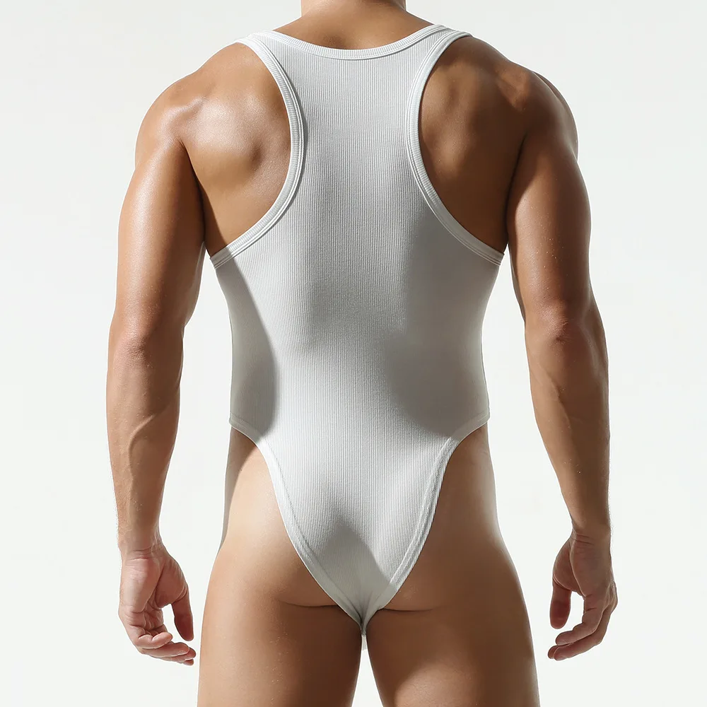 Men Bodysuits Pajamas Solid Color O-neck Sleeveless Sexy Fitness Men Rompers Undershirts Streetwewar Tank Tops Bodysuit