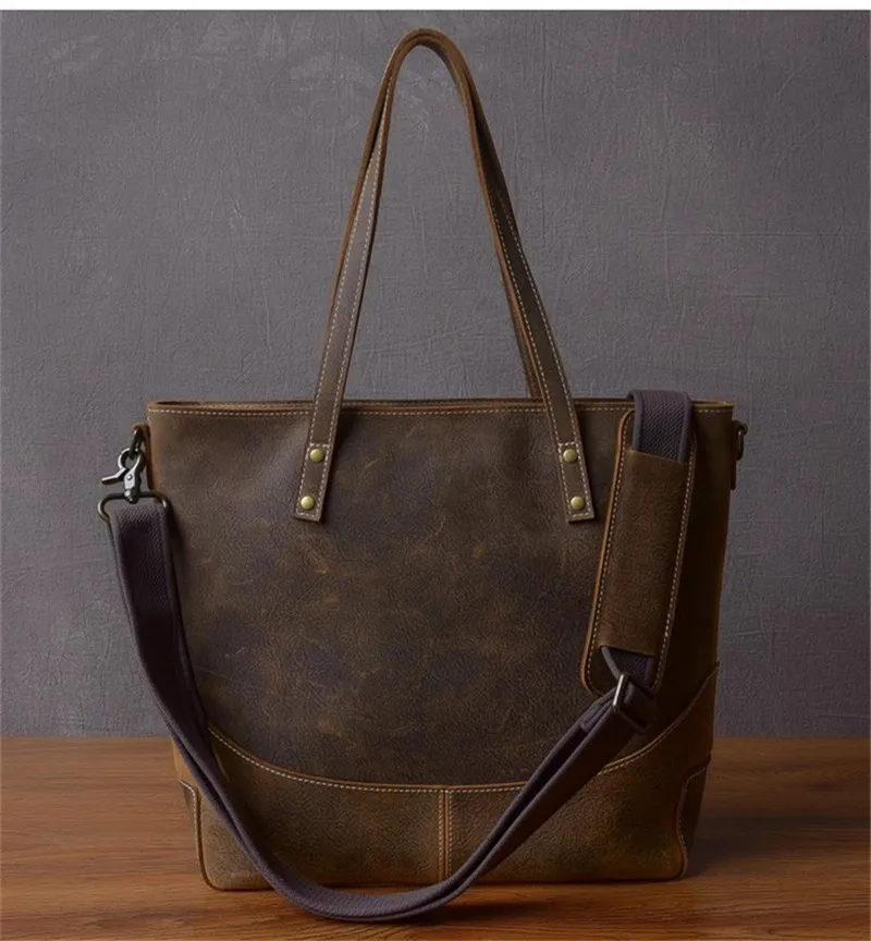 Organizer designer crazy horse cowhide men's tote bag outdoor travel genuine leather large-capacity shoulder bag work handbag