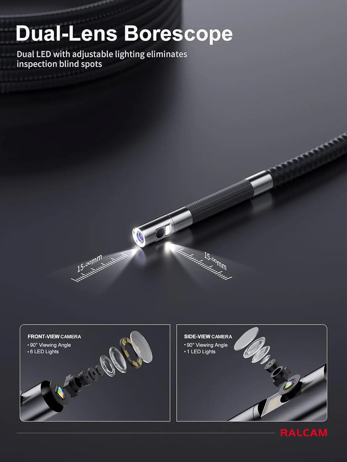 RALCAM 720 Degree Rotation Camera 5 lnch Endoscope 6.2mm Dual 1080P Full HD Endoscope Camera for Industrial Inspection 5