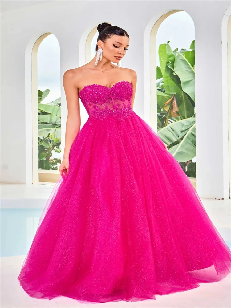 

Hot Selling Strapless Sleeveless Satin A-Line Prom Dress Elegant Open Back Lace Up Floor Length Sweep Train Gowns For Women 2024