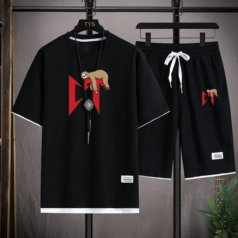 thumbnail image 1 of Conjuntos para hombre Corridos Tumbados Camiseta holgada de manga corta con cuello redondo y pantalones cortos con cordón Natanael Cano 2 piezas Ropa de calle Trajes casuales para hombre, 1 of 4