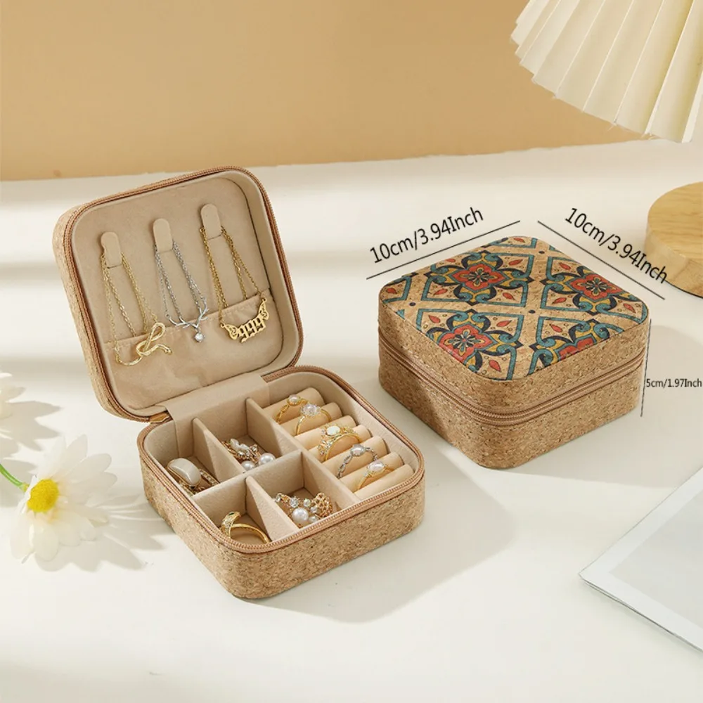 New Cork Wood Jewelry Storage Box Portable Useful Ring Earrings Organizer Cosmetic Holder Double Box Travel Supplies 6