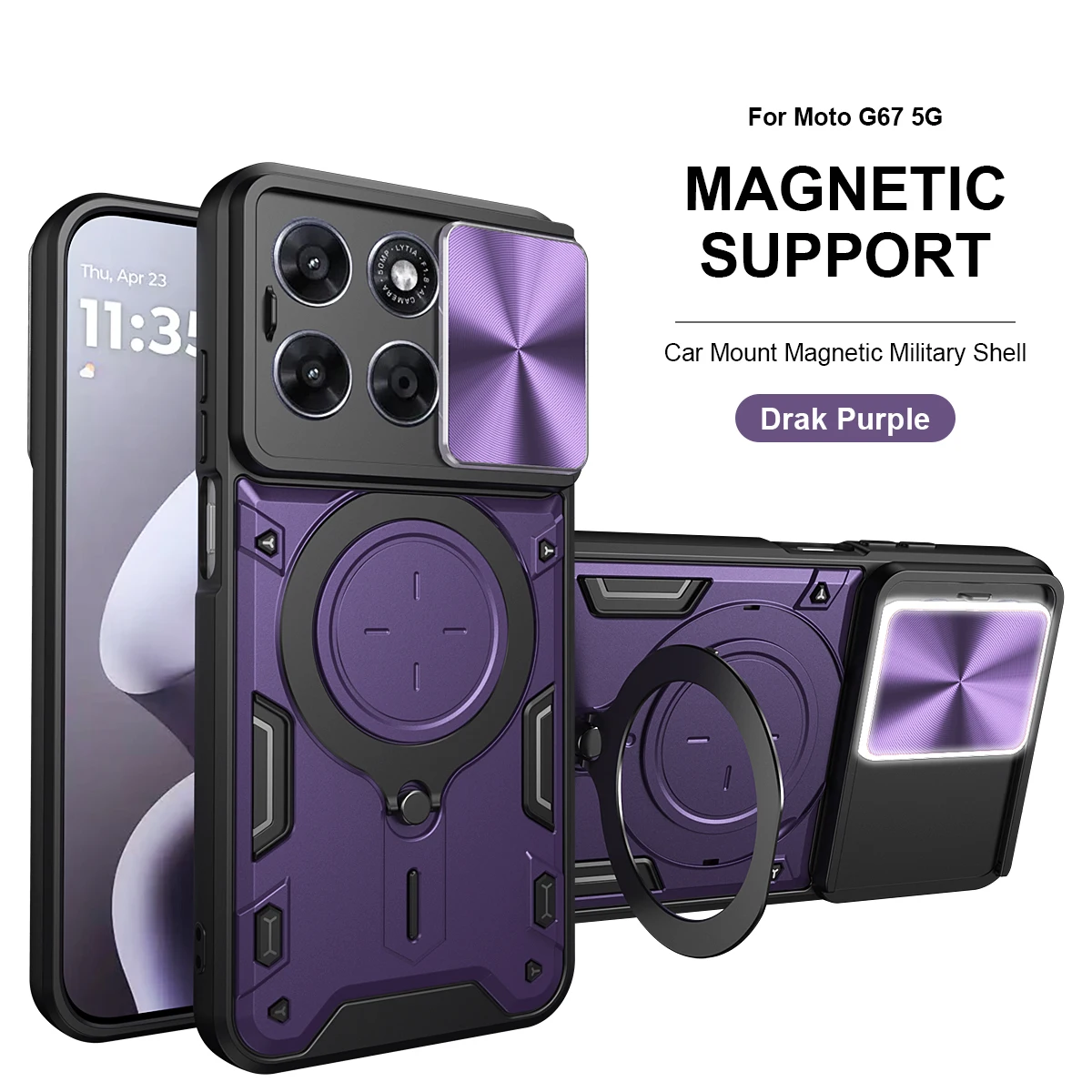 Heavy Duty Rugged Armor Phone Case with Magnetic Bracket and Slide Camera Protection Cover