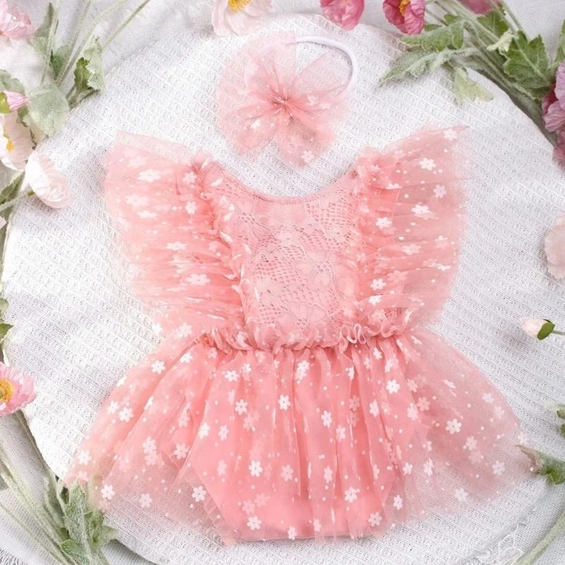 J15U 사진 의상 의류 메쉬 Romper Bowknot Hairband 복장 사진 소품 사진 촬영 옷