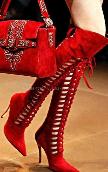 

Женские замшевые ботинки, красные свадебные ботинки на высоком каблуке-шпильке, с острым носком, на шнуровке