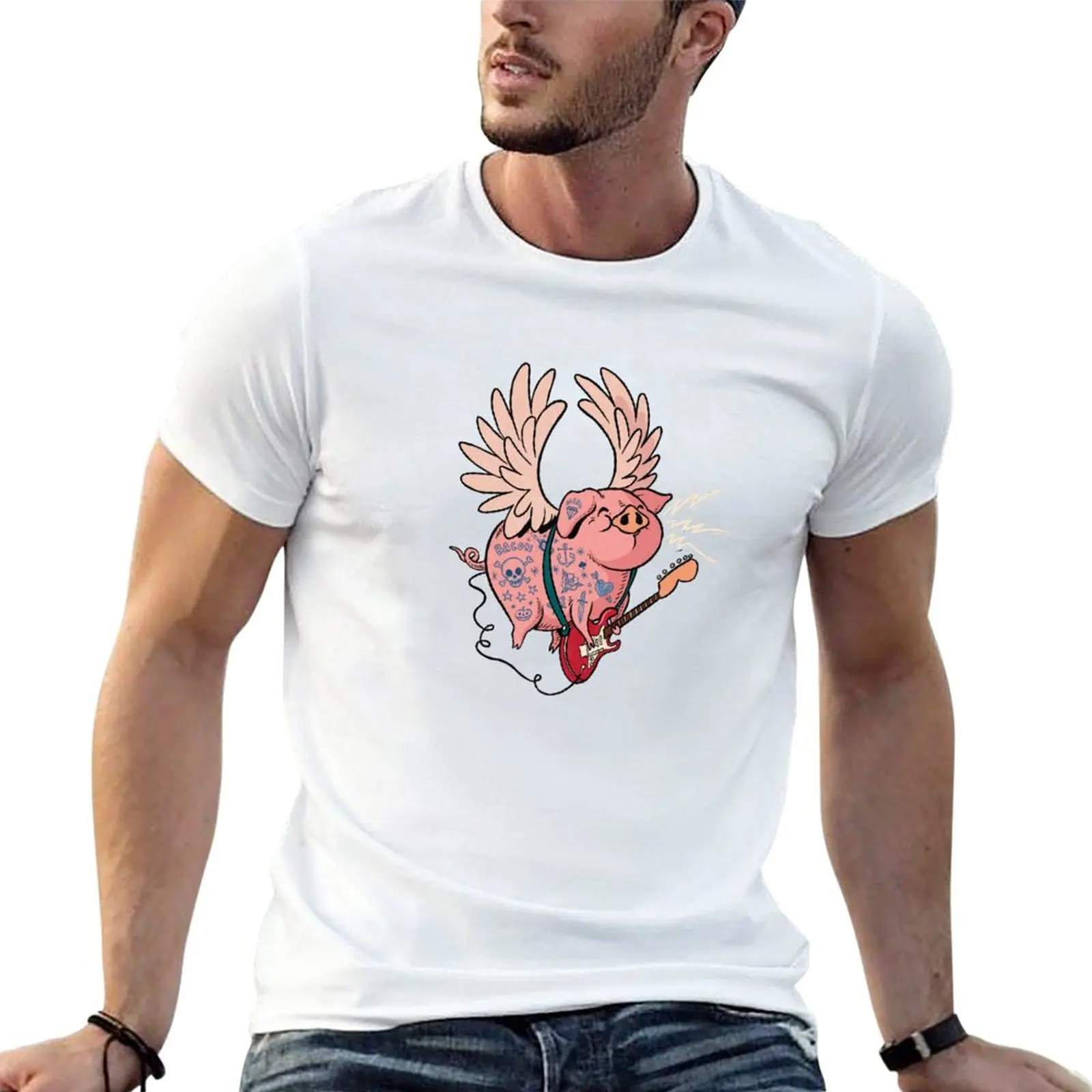 

New Pigs Rock! Cute Tattoo Flying Pig playing guitar T-Shirt Oversized t-shirt tees slim fit t shirts for men
