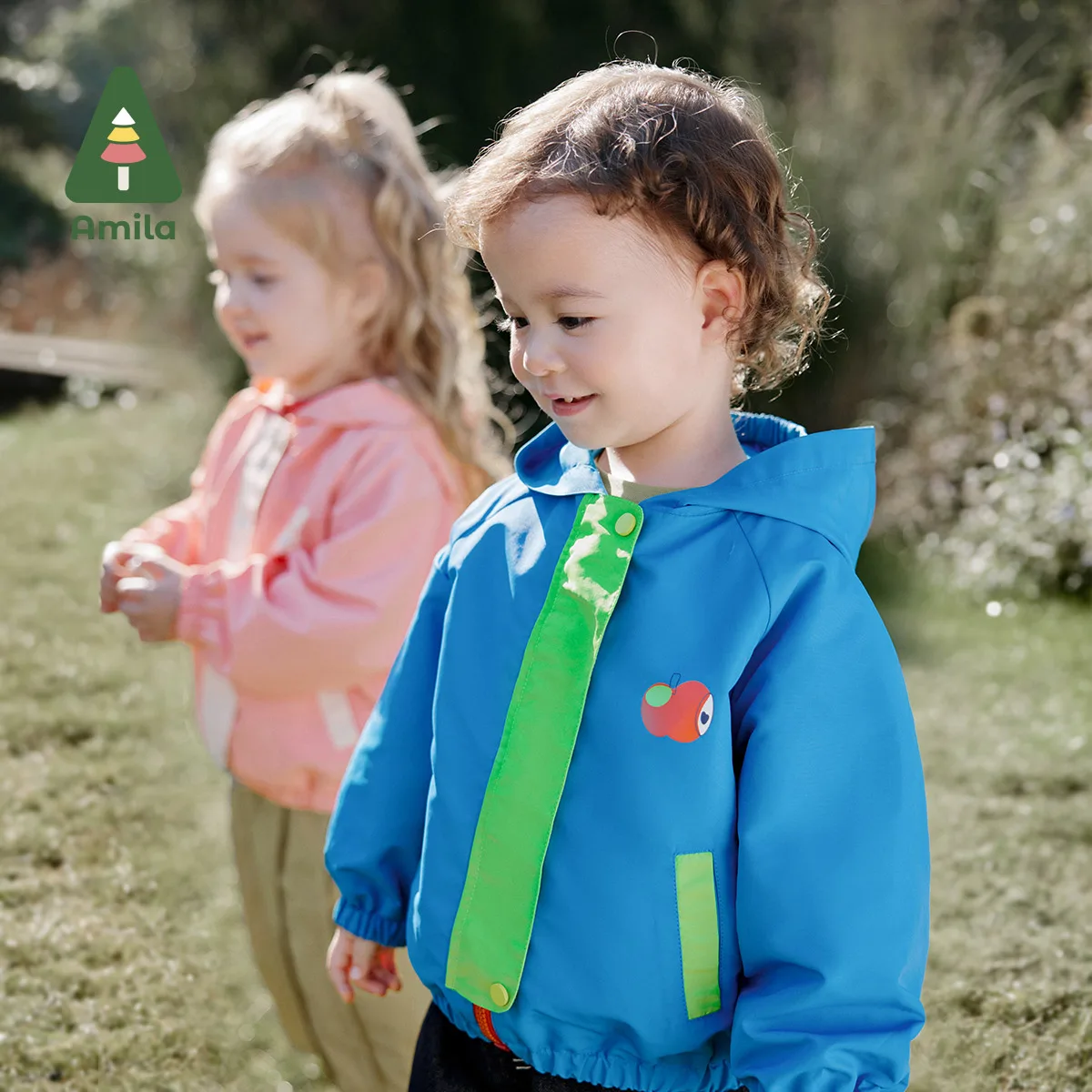 Amila Spring Girls & Boys Jacket Vibrant Outdoor Hooded Rain Stain Anti-Static Contrast Patchwork Coat