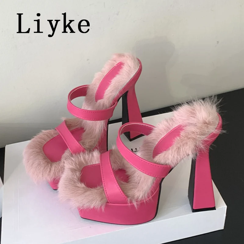 Fluffy Chunky Block High Heel Sandals Ankle Strap Dress Pumps | Sandals  heels, Heels, High heel sandals