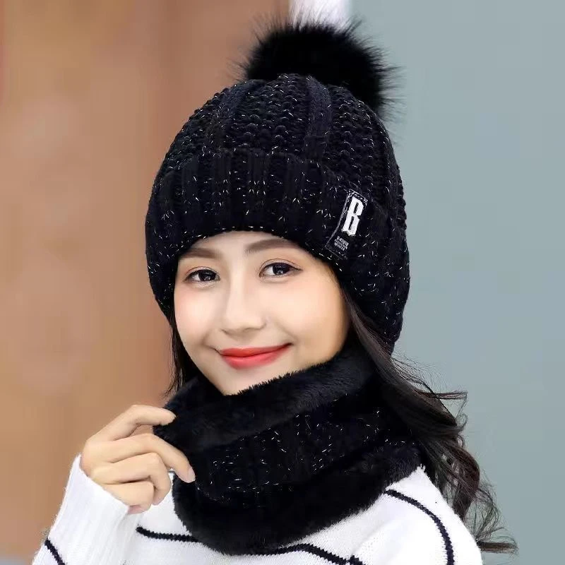 Winter Knitted Scarf Hat Set Thick Warm Skullies Beanies Hats For Women Outdoor Cycling Riding Ski Bonnet Caps Scarf