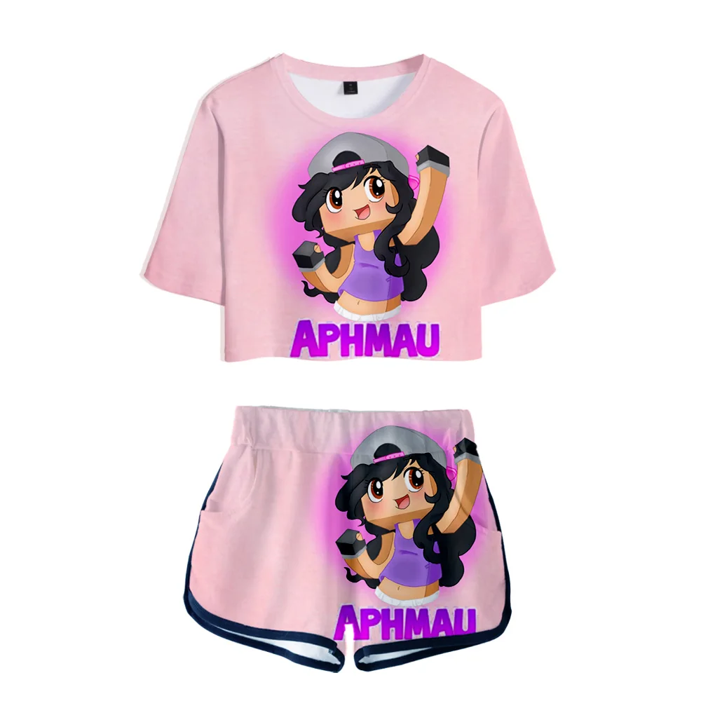 2022 New Kawaii Aphmau 3d Two Piece Set Short Sleeve Crop Top + Shorts Sweat Suits Y2K Women Tracksuit Two Piece Outfits Summer 
