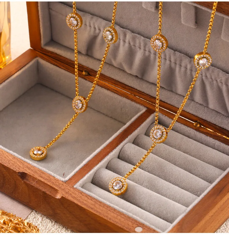 Neue Runde Luxus-Strass-Anhänger-Halskette für Damen, Edelstahl Lange Elegante Halskette, Nicht Verblassender Schmuck Großhandel – Detail 7