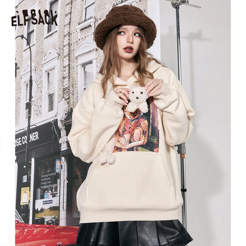 ELFSACK Graphic Kawaii Hooded Fleece Hoodies Women 2023 Winter Plus Size Korean Fashion Designer Tops