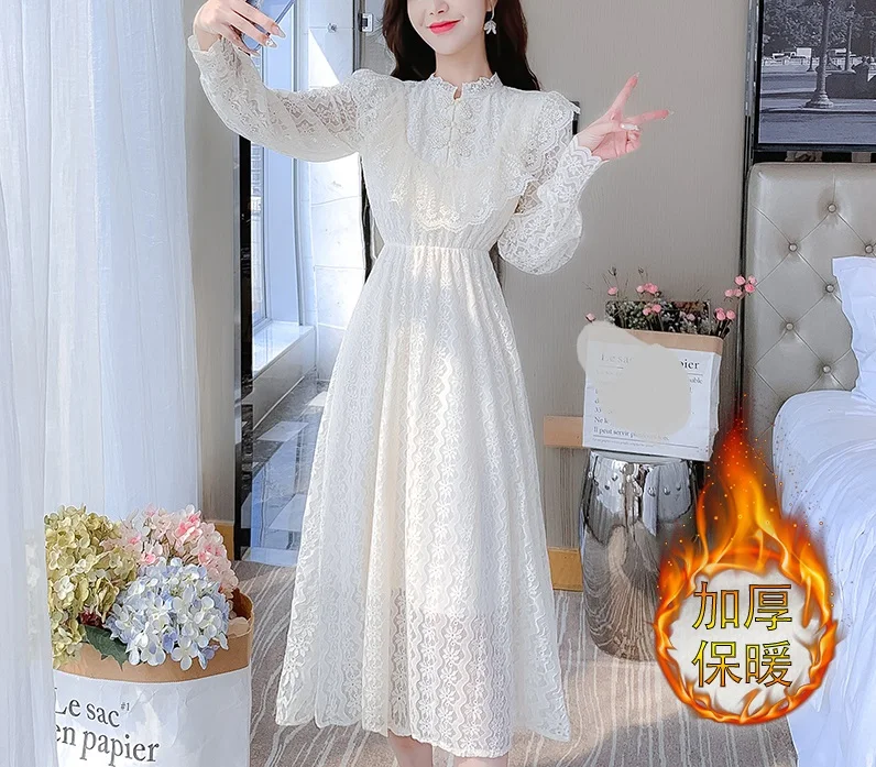 

Solid color lace skirt retro sweet ruffle edge autumn and winter plush lace dress with bottom skirt for women in the long skirt