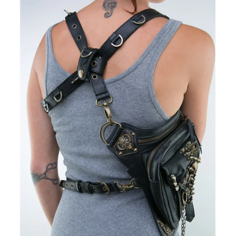 Steampunk Waist Bag Black Leather Motorcycle Shoulder Bag Satchels Thigh  Bag Leg Hip Pouch Bag Purse