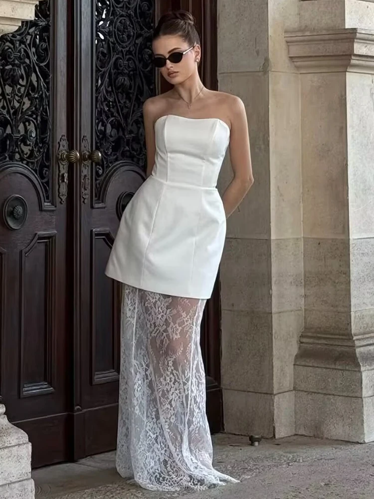 2025 Elegant Tube Top Lace Long Skirts Two Piece Sets Women Short Tops See Through Skirt Summer Chic Party Woman Outfits