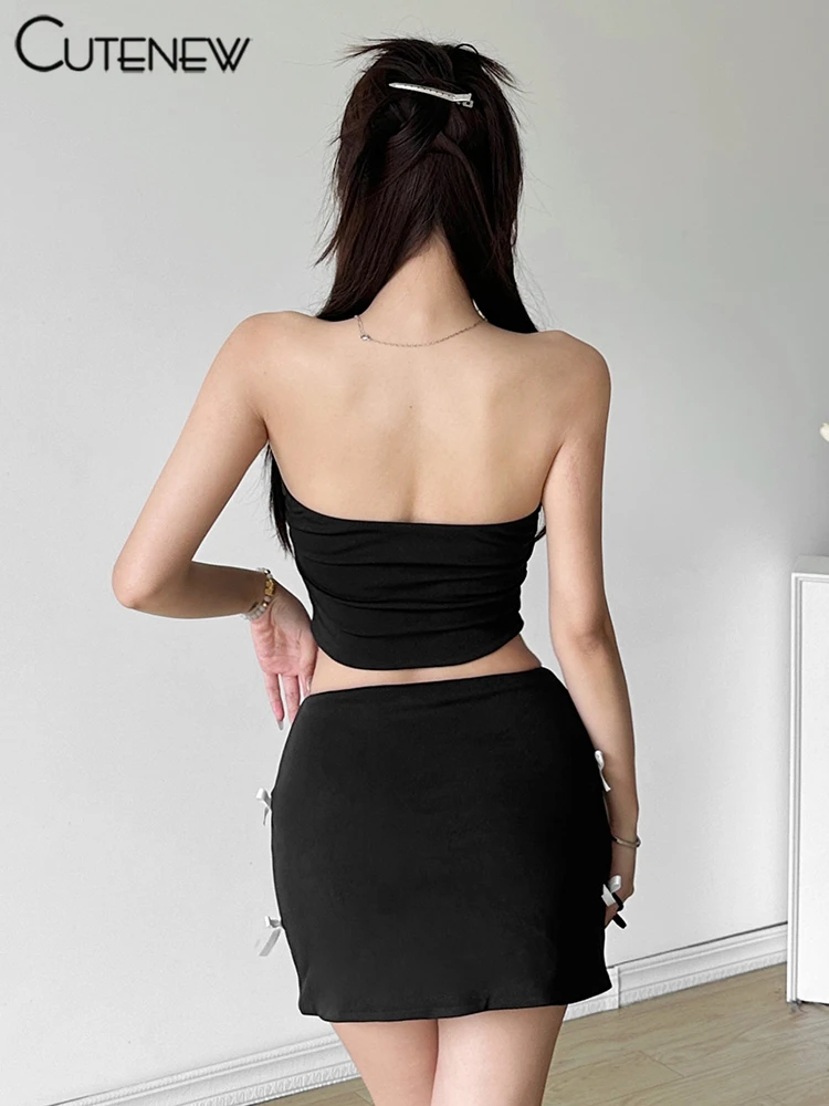 Conjunto de 2 piezas con lazos y rayas para mujer, top corto con escote en V y minifaldas de cintura alta, atuendos impresionantes.