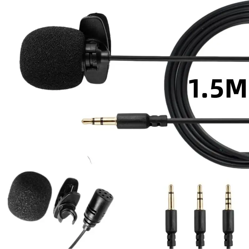 【C】1 microfono a condensatore a clip da 1,5 m, mini portatile, cablato da 3,5 mm, per telefono e PC portatile
