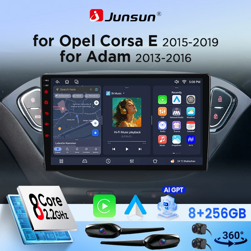 Radio de coche Junsun de 9 pulgadas con Android para Opel Corsa E 2014 2015 2016 2017-2019 con Canbus, CarPlay inalámbrico y Android Auto, pantalla táctil IPS HD, GPS, navegación, multimedia y 360. °   Reproductor Multimedia con Cámara Opcional, DSP, RDS, WiFi, Pantalla Dividida, Mirror Link, Bluetooth, Manos Libres 1