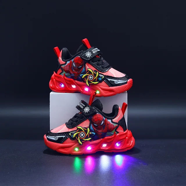 أطفال حذاء كاجوال أحذية رياضية مصباح ليد الكرتون شبكة الخريف موضة احذية الجري للبنين تنفس المضادة للانزلاق أحمر أزرق حجم 21-30 2