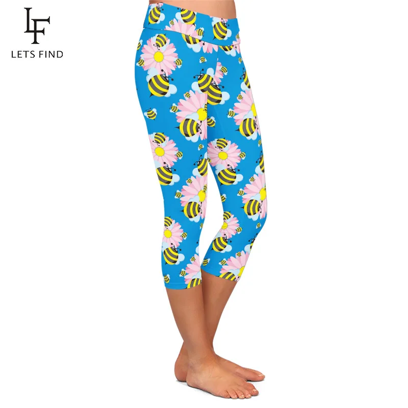 LETSFIND Summer New Women Stretch Capri Pants High Quaility 3D Cute Bees Print High Waist Mid-Calf Casual Leggings