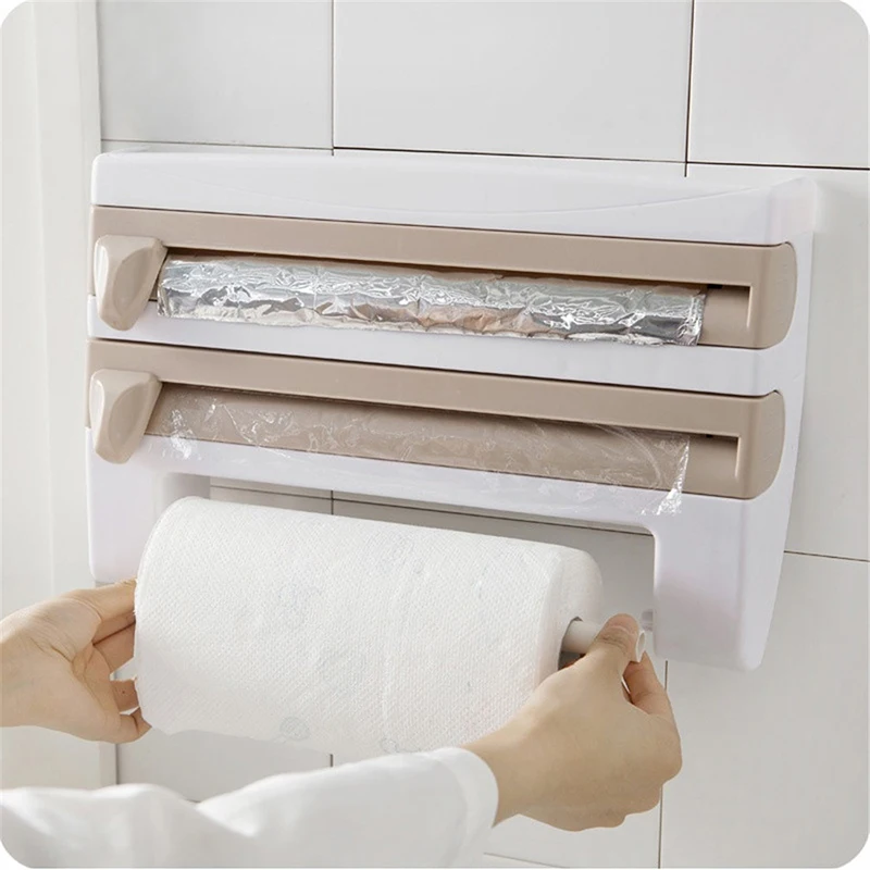 Kitchen Multi-function Plastic Belt Cutter Wrap Storage Shelf Wrap Film Cutter Triple Roll Paper Dispenser Tin Film Towel Holde