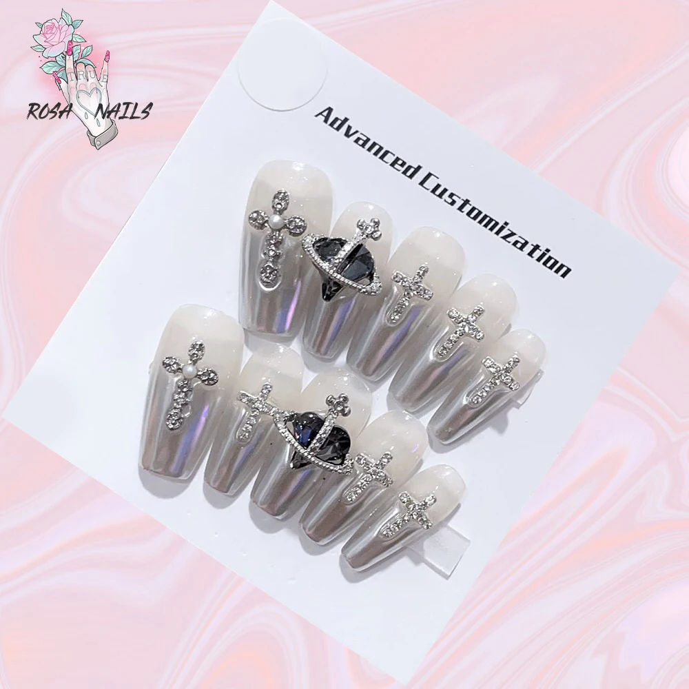 Rosa Nail Cross Press On Nails Argento Effetto Specchio Croci Black Saturn Diamond Tip Charms Set Di Punte Per Le Dita Di Gioielli In Metallo Di Lusso