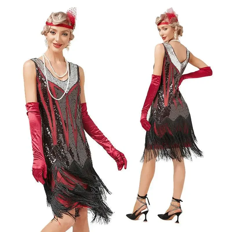 Vintage 1920s Flapper V-neck Double Tassel Dress Great Gatsby Cosplay Costume Cocktail Party Charleston Dance Sequin Dress 4