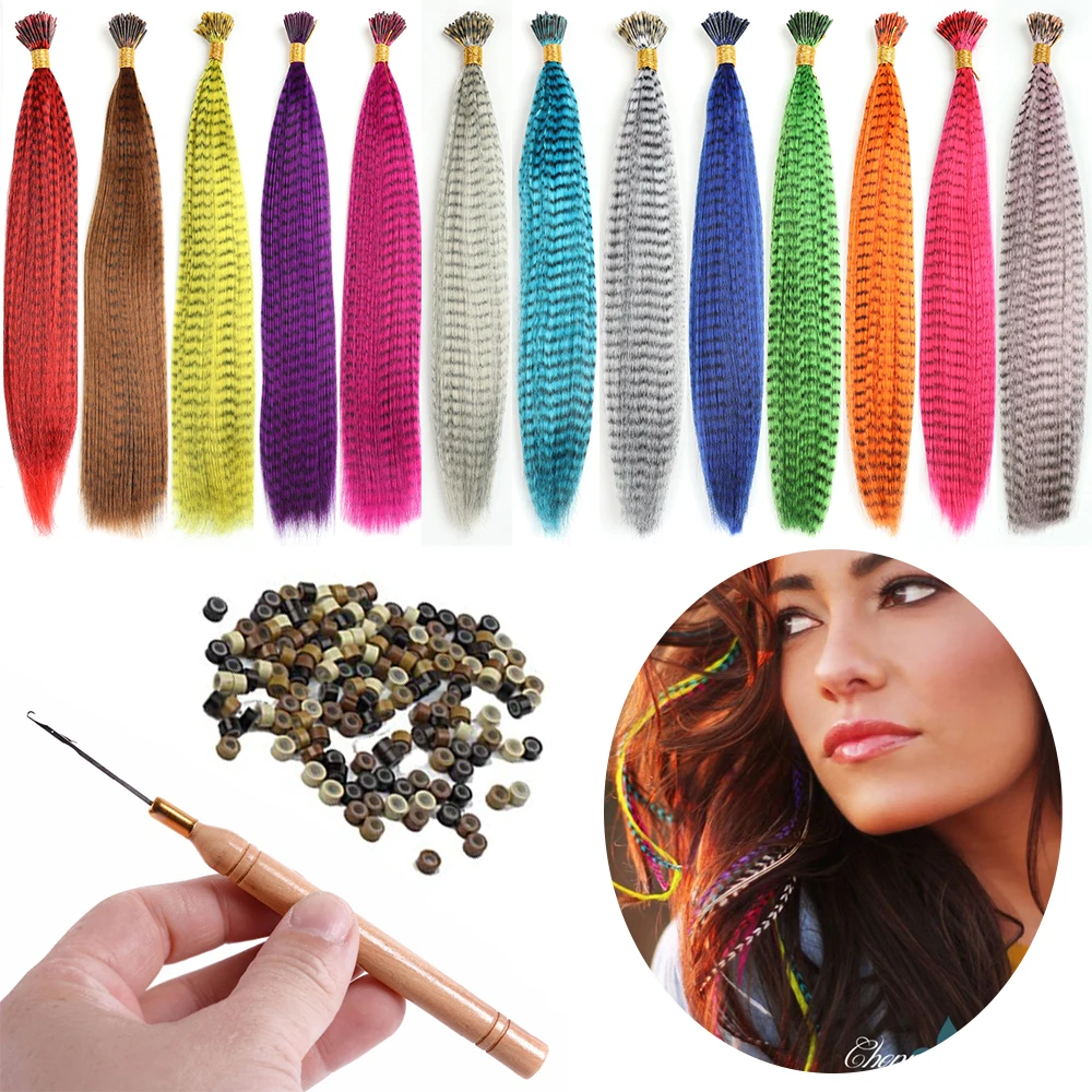 Extensiones de Cabello sintético con hebras de colores para niñas, pelo de plumas púrpuras con punta de cebra, postizo falso, 10 unidades por juego