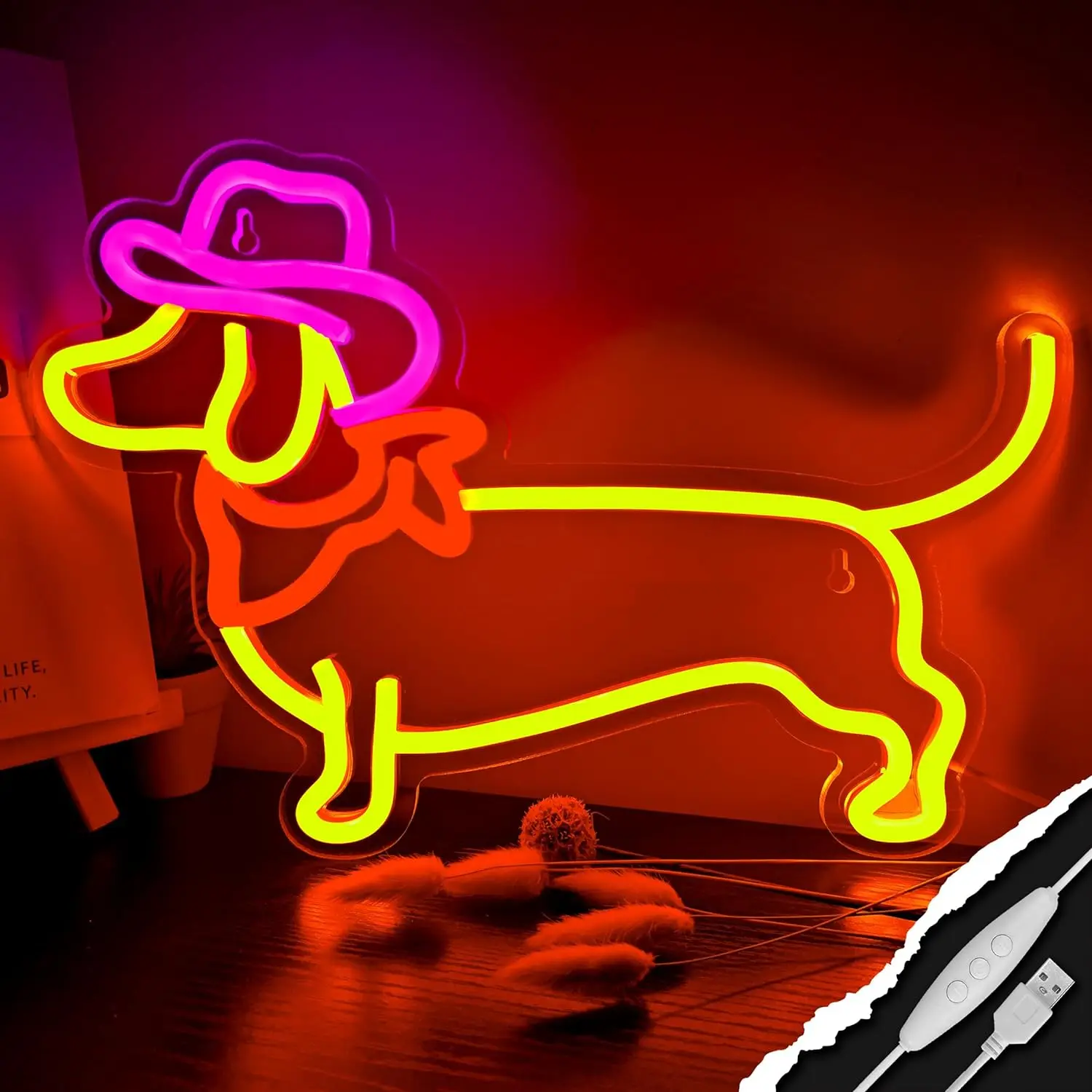 

Dachshund Neon Sign Dog Neon Signs for Wall Decor Cute Puppy Animal with Cowboy Hat Led Light Sign for Pet Shop Bedroom Wall