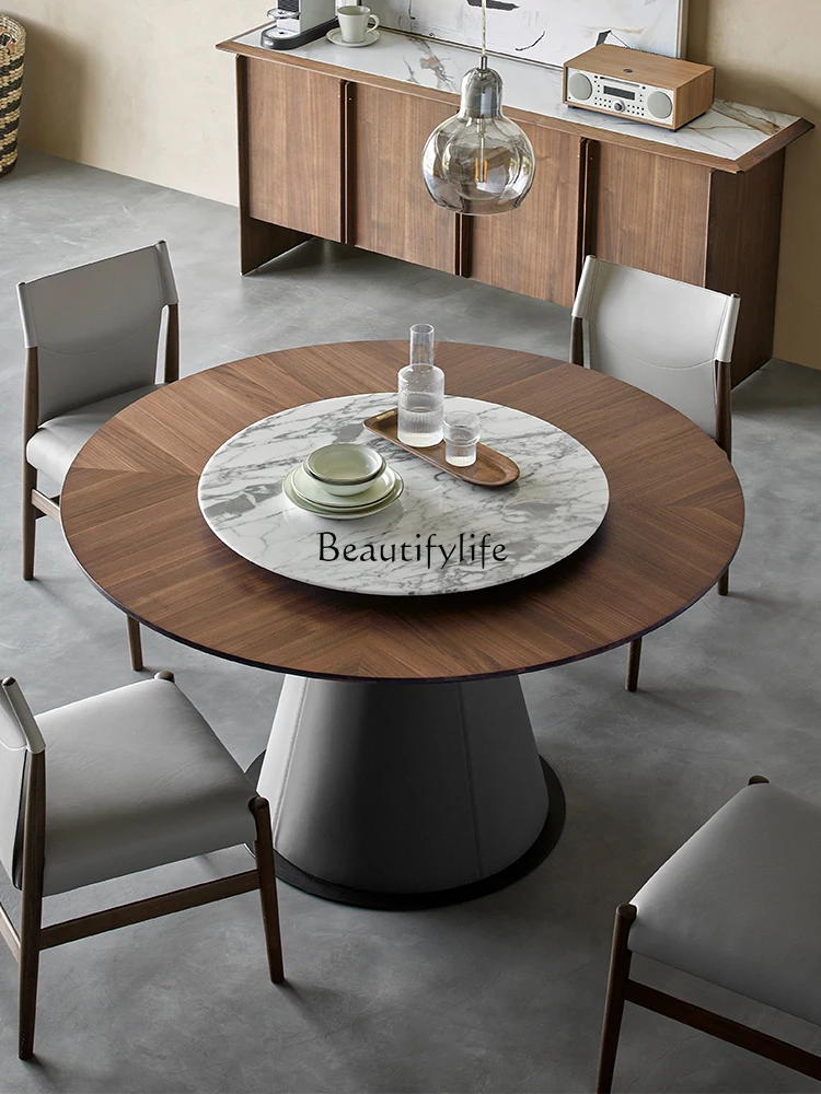 

Black Walnut Wooden round Table Marble Solid Wood round Dining Table and Chair Assemblage Zone Turntable