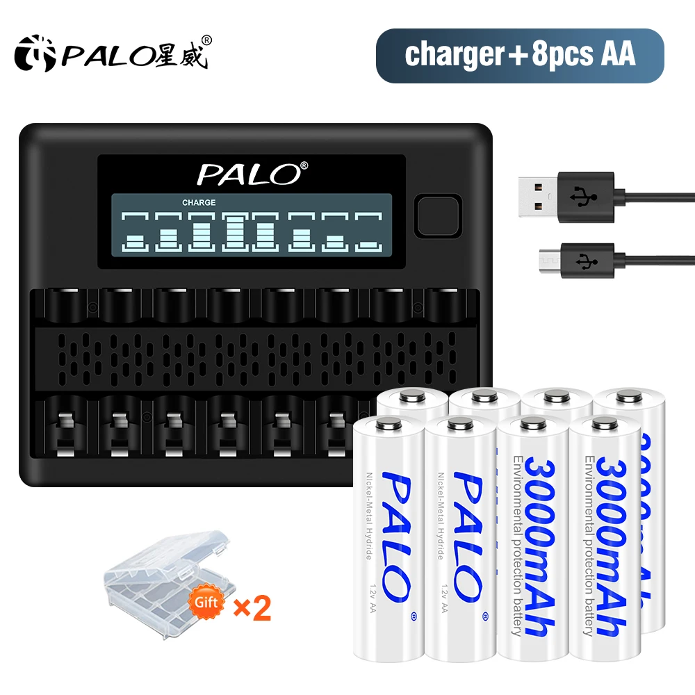 

PALO AA Rechargeable Batteries 1.2V 3000mAh 2A Ni-MH Ni MH AA Rechargeble Battery with 8 Slots 1.2V AA AAA Battery Charger