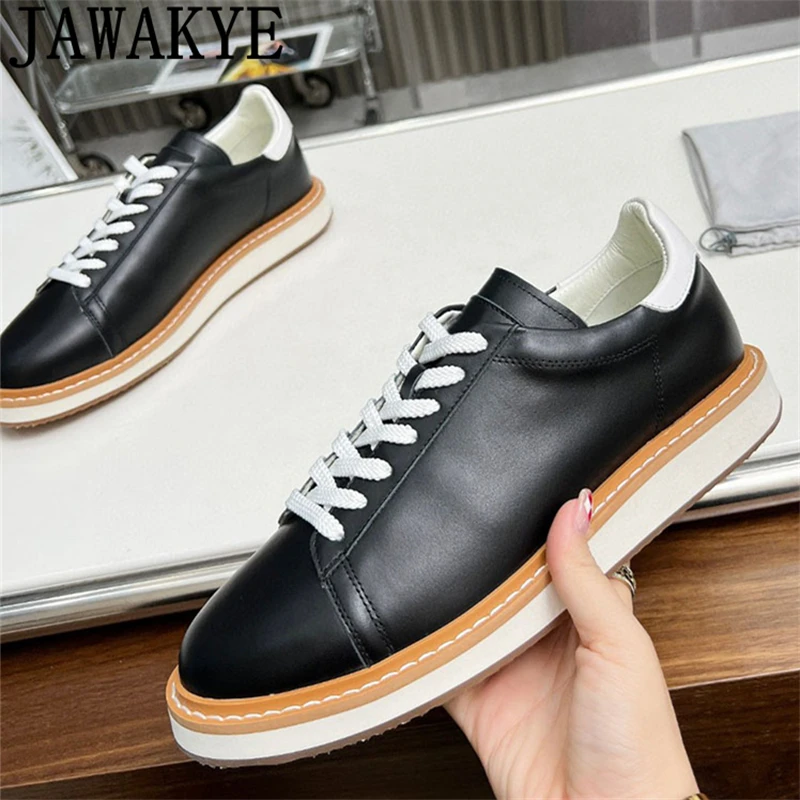 

2024 Spring Genuine Leather Lace Up Flat Platform Shoes For Men Round Toe Thick Sole Sneakers Casual Walking Single Shoes Male