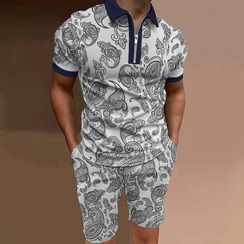 Men's Golf Shirt Polo Set Pattern 3D Printed Cashew Fold Street Casual Short Sleeve Zipper 2-Piece Clothing Fashion Designer