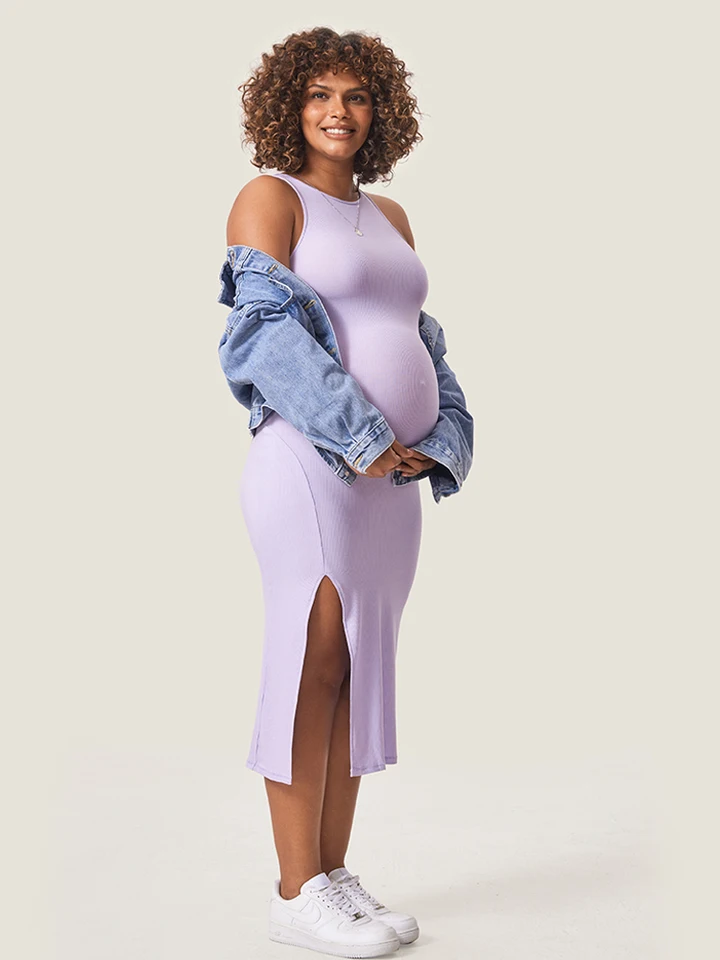 MOMANDA Women's Maternity Dress - Ribbed, Spaghetti Strap, Bodycon With Square Neck, Color Clove, Size Medium