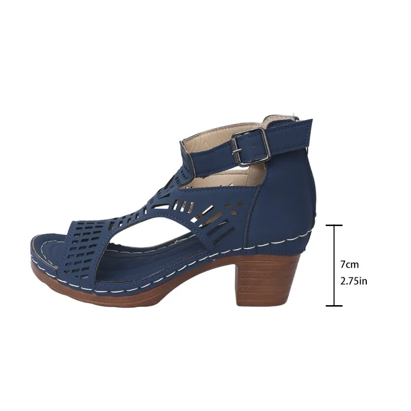 Sandals for Women 2026 New Thick Heeled Sandals Summer Breathable Hollow Out Sandals for Women Retro High Heels Roman Sandalias - 6