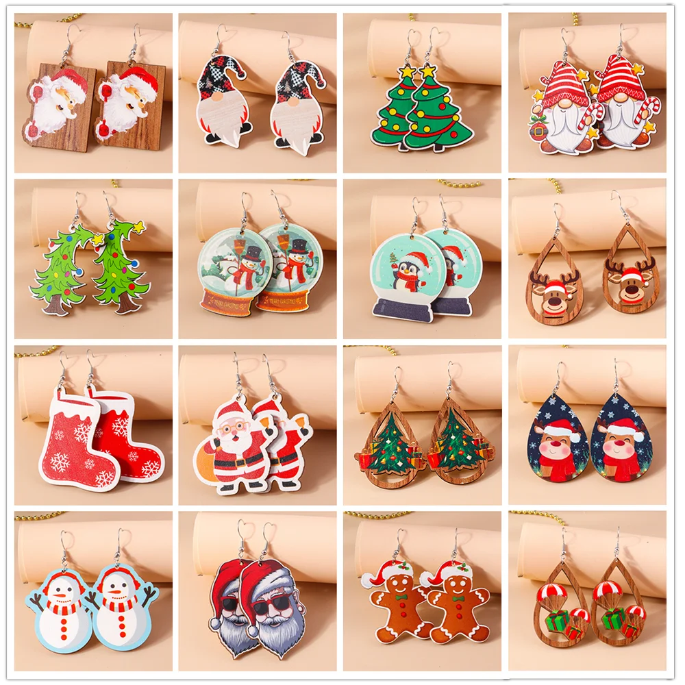 Aihua Neue Weihnachtsohrringe aus Holz für Frauen, niedlicher Weihnachtsmann, Schneemann, Schneeflocke, Hirsch, Baum, Ohrringe, Neujahrsparty, Schmuck, Geschenke – Detail 1