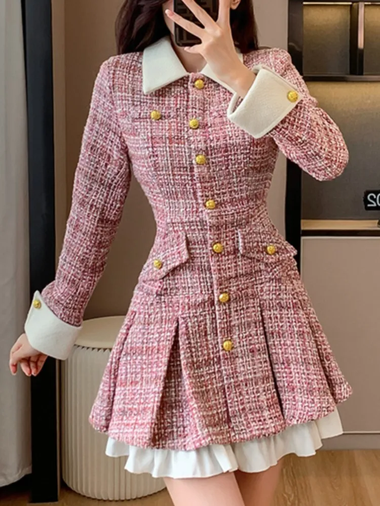 Women's Patchwork Single Breasted Dress French Tweed Woolen Office