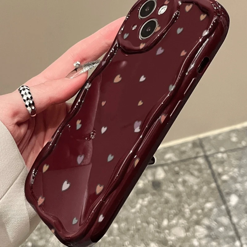 Burgundy Wine Red Heart Pattern 3D Wavy Edge Soft Phone Case Cover