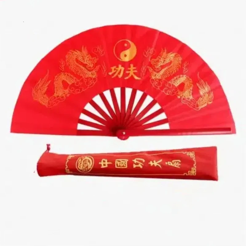 Folding fan Kung fu fan hand fan Chinese Tai Chi fan bamboo ribs double dragon kung fu fold ring fan classical red performance martial arts fitness dancing fans