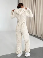 European and American fashion women's solid color wool hooded long sleeve deep V sexy jumpsuit - Image 3