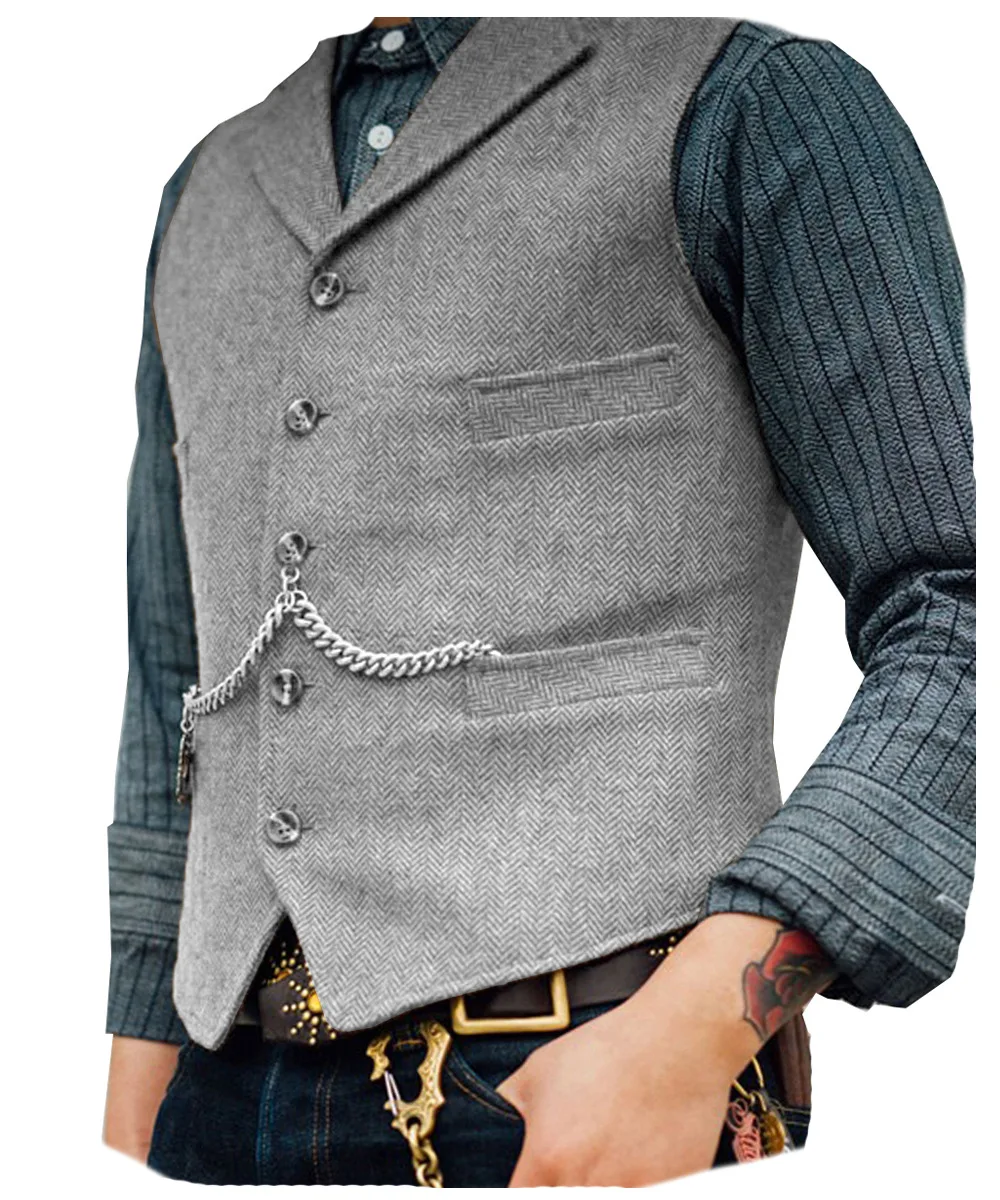 Business Waistcoat Jacket Casual Slim Fit Gilet Homme Vests for Groosmen Man Wedding Men's Suit Vest Brown Wedding Wool Tweed 6
