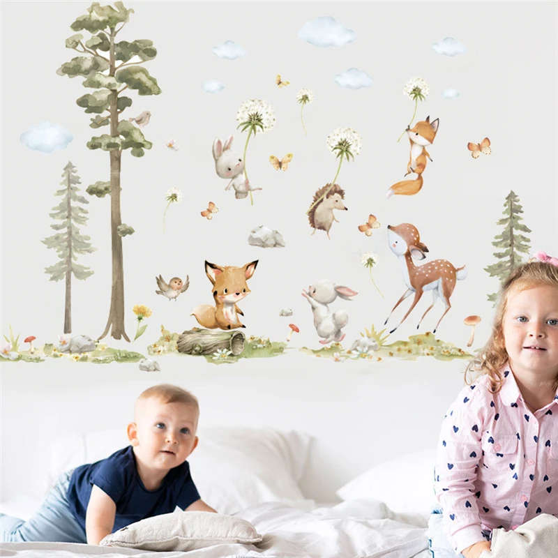 Naughty Fox Deer Rabbit Hedgehog Wall Sticker For Kids Bedroom Decoration Diy Forest Animals Mural Art Home Decals Pvc Posters
