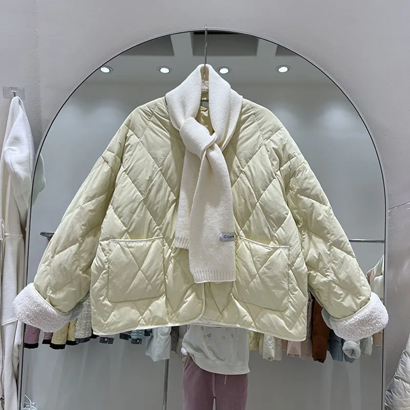

Korean Loose Down Jacket Women Winter 90% White Duck Down Coat Woolen Stitching Stand Collar Single Breasted Black Snow Coat
