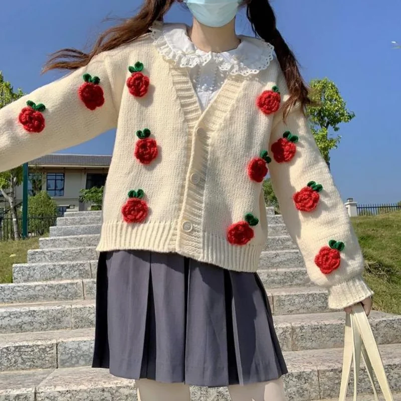 

Autumn Winter Sweet Flower Sweaters Women Korean Fashion V-Neck Knitted Lolita Cardigan Female Long Sleeve Chaqueta Mujer Tops