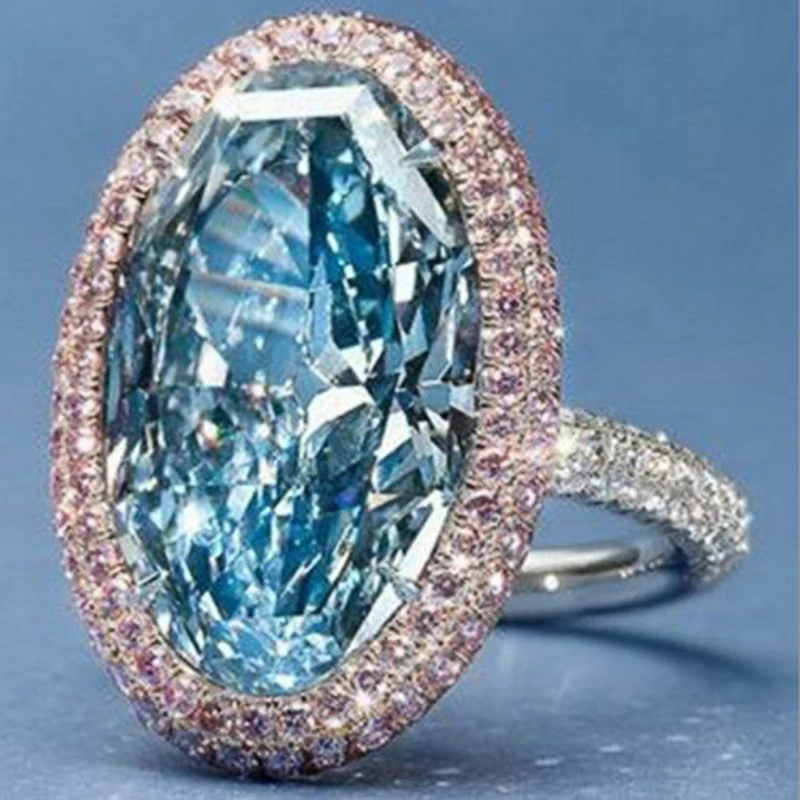 Huitan Hyperbole Oval Sky Blue Cubic Zirconia Rings Paved Pink CZ ...