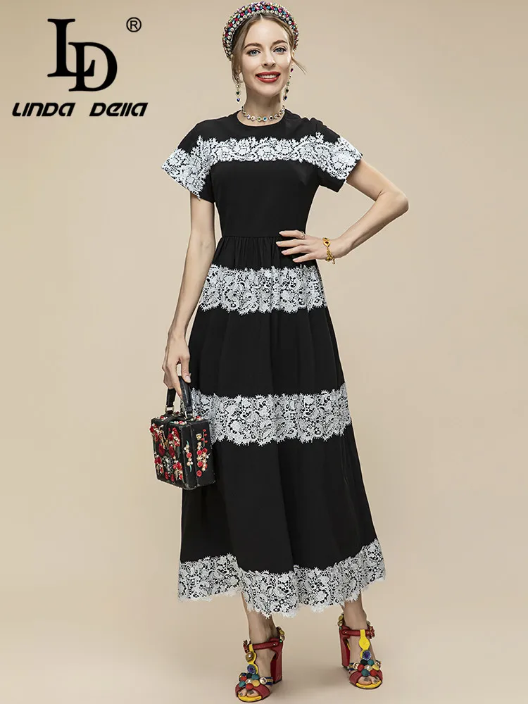 

LD LINDA DELLA Summer Runway Fashion Dress Women's O-Neck Short sleeve Slim Lace Patchwork Gorgeous Long Black Party Dress