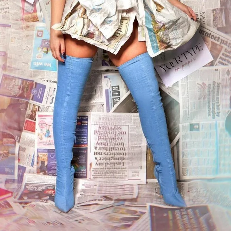 

Sexy Slim Jeans Over The Knee Boots Pointed Toe Zipper High Heels Blue Denim Thigh High Boots Drop Shipping