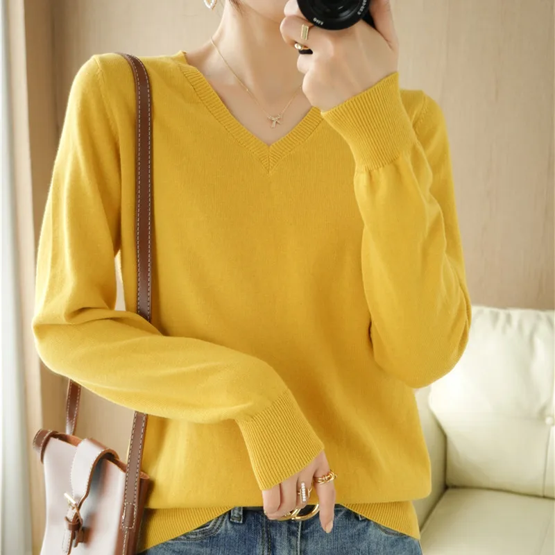 

2023 New Women's Sweater 100% Cotton V-Neck Casual Knitting Solid Color Pullover Loose Fashion Long Sleeve Korean Women's Top