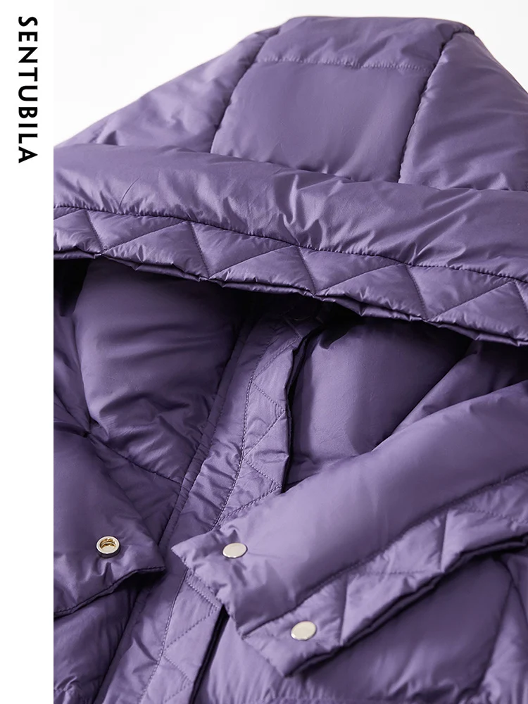 SENTUBILA Women's Loose Hooded Down Jacket 2023 Winter Fashion Zipper Mid Length Down Coats Duck Down Warm Outwears W34Y49697